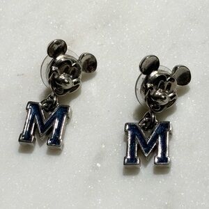 Disney Mickey Mouse Initial “M” Dangle Blue Glitter Enamel Silver Tone Earrings